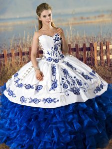 Best Blue And White Quinceanera Gowns Sweet 16 and Quinceanera with Embroidery and Ruffles Sweetheart Sleeveless Lace Up