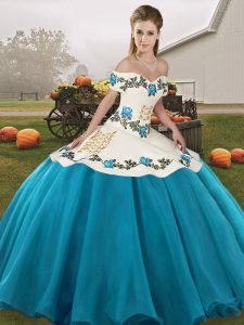 Custom Made Ball Gowns Sweet 16 Quinceanera Dress Blue And White Off The Shoulder Organza Sleeveless Floor Length Lace Up