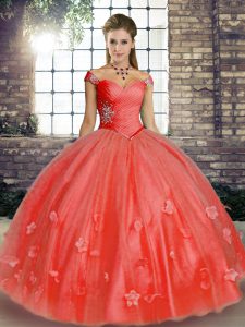 Graceful Watermelon Red Ball Gowns Beading and Appliques Ball Gown Prom Dress Lace Up Tulle Sleeveless Floor Length