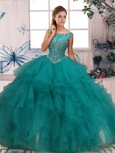 Modern Turquoise Ball Gowns Beading and Ruffles Quinceanera Dresses Zipper Organza Sleeveless Floor Length