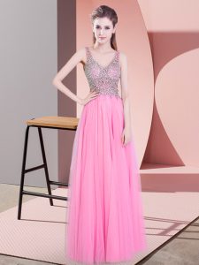  Rose Pink Homecoming Dress Prom and Party with Beading V-neck Sleeveless Zipper