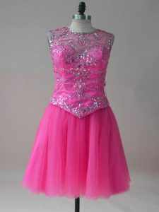  Hot Pink Lace Up Prom Gown Beading Sleeveless Mini Length
