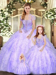 Attractive Lavender Lace Up Strapless Beading and Appliques and Ruffles Quince Ball Gowns Tulle Sleeveless