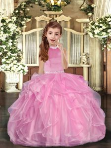 Cute Baby Pink Halter Top Neckline Beading and Ruffles Kids Pageant Dress Sleeveless Lace Up