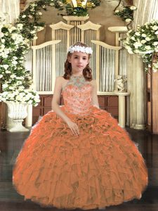 Graceful Sleeveless Tulle Floor Length Lace Up Little Girls Pageant Gowns in Orange with Beading and Ruffles