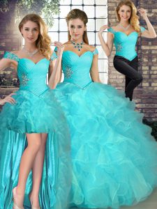 Sweet Aqua Blue Sleeveless Beading and Ruffles Floor Length Ball Gown Prom Dress