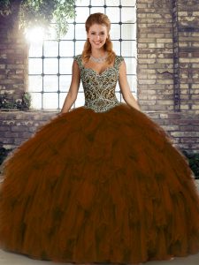  Brown Lace Up Vestidos de Quinceanera Beading and Ruffles Sleeveless Floor Length