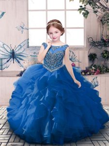  Blue Sleeveless Floor Length Beading and Ruffles Zipper Little Girl Pageant Dress