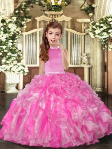 Beautiful Rose Pink Ball Gowns Organza High-neck Sleeveless Beading and Ruffles Floor Length Backless Girls Pageant Dresses