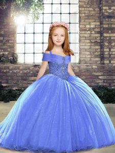  Blue Sleeveless Tulle Brush Train Lace Up Little Girls Pageant Gowns for Party and Sweet 16 and Wedding Party