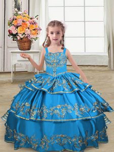  Blue Sleeveless Embroidery and Ruffled Layers Floor Length Little Girls Pageant Dress Wholesale