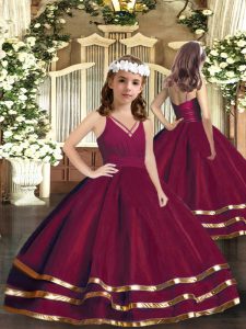  Burgundy Kids Pageant Dress Party and Wedding Party with Ruffled Layers V-neck Sleeveless Zipper