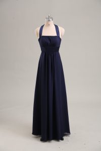 Lovely Navy Blue Prom Dresses Prom and Party and Military Ball with Ruching Halter Top Sleeveless Lace Up