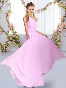 Admirable Lilac Empire One Shoulder Sleeveless Chiffon Floor Length Lace Up Ruching Dama Dress for Quinceanera