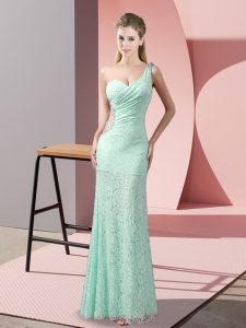 Shining Apple Green Column/Sheath One Shoulder Sleeveless Lace Floor Length Criss Cross Beading and Lace 