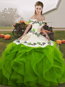  Green Lace Up Off The Shoulder Embroidery and Ruffles Sweet 16 Quinceanera Dress Tulle Sleeveless