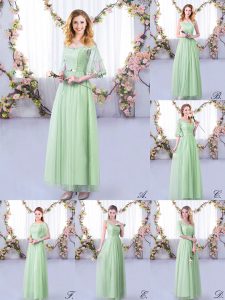  Apple Green Quinceanera Court Dresses Wedding Party with Lace and Belt Off The Shoulder Half Sleeves Side Zipper
