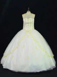  Yellow And White Ball Gowns Halter Top Sleeveless Tulle Floor Length Lace Up Appliques Sweet 16 Dresses