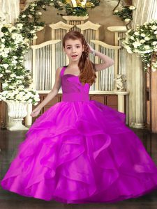 Customized Fuchsia Tulle Lace Up Straps Sleeveless Floor Length Girls Pageant Dresses Ruffles