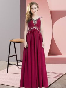 Graceful Floor Length Lace Up Dress for Prom Fuchsia for Prom and Party and Military Ball with Beading