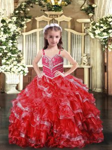  Sleeveless Floor Length Beading Lace Up Little Girls Pageant Dress Wholesale with Red