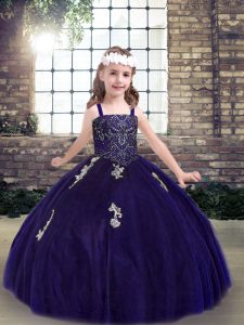  Purple Lace Up Straps Appliques Girls Pageant Dresses Tulle Sleeveless