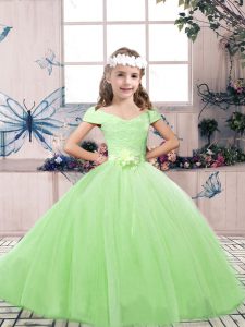 Custom Fit Sleeveless Lace Up Floor Length Lace and Belt Kids Formal Wear
