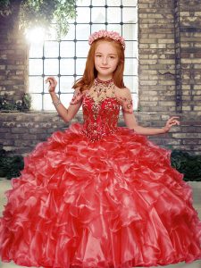 Customized Red Ball Gowns Beading and Ruffles Pageant Gowns For Girls Lace Up Organza Sleeveless Floor Length