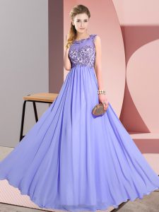  Lavender Chiffon Backless Scoop Sleeveless Floor Length Damas Dress Beading and Appliques