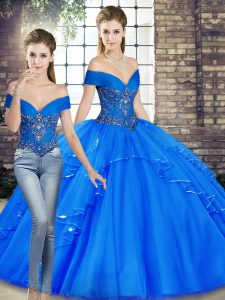  Two Pieces Quinceanera Dress Royal Blue Off The Shoulder Tulle Sleeveless Floor Length Lace Up