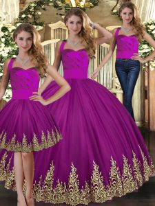  Fuchsia Tulle Lace Up Halter Top Sleeveless Floor Length Vestidos de Quinceanera Embroidery