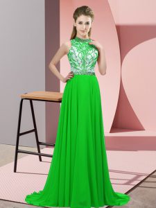 Sumptuous Halter Top Sleeveless Brush Train Backless Dress for Prom Green Chiffon