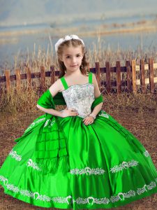  Green Ball Gowns Beading and Embroidery Girls Pageant Dresses Lace Up Satin Sleeveless Floor Length
