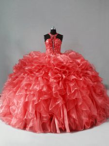  Coral Red Halter Top Neckline Beading and Ruffles Quinceanera Gowns Sleeveless Zipper