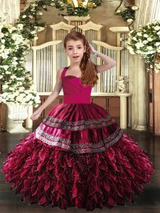 High Class Hot Pink and Fuchsia Organza Lace Up Straps Sleeveless Floor Length Little Girls Pageant Dress Wholesale Appliques and Ruffles