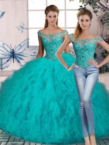 Vintage Aqua Blue Sleeveless Beading and Ruffles Lace Up Quinceanera Gown