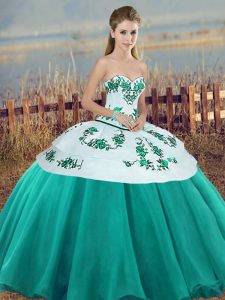  Floor Length Lace Up Quinceanera Gowns Turquoise for Military Ball and Sweet 16 and Quinceanera with Embroidery and Bowknot