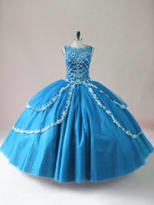  Scoop Sleeveless Lace Up Quinceanera Dresses Baby Blue Tulle