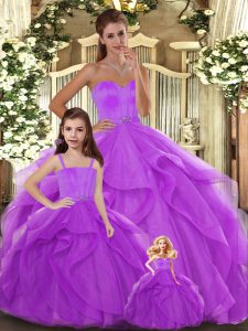 Sexy Sleeveless Floor Length Beading and Ruffles Lace Up Sweet 16 Quinceanera Dress with Lilac