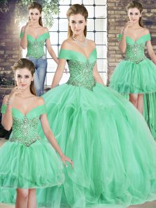 Hot Selling Beading and Ruffles Quinceanera Dress Apple Green Lace Up Sleeveless Floor Length