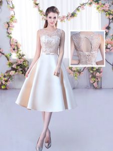 Luxury Satin Scoop Sleeveless Lace Up Lace and Belt Damas Dress in Champagne