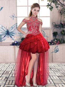  Red Sleeveless High Low Beading and Ruffled Layers Lace Up Dress for Prom