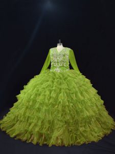  Floor Length Olive Green Vestidos de Quinceanera Organza Long Sleeves Ruffled Layers