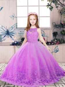 Customized Lilac Backless Pageant Gowns For Girls Lace and Appliques Sleeveless Floor Length