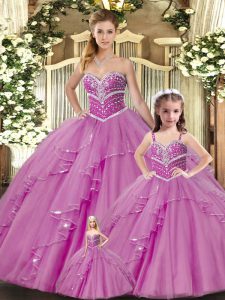 Unique Sleeveless Tulle Floor Length Lace Up Quinceanera Dresses in Lilac with Beading
