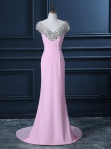 Simple Cap Sleeves Beading Side Zipper Prom Gown with Pink Court Train
