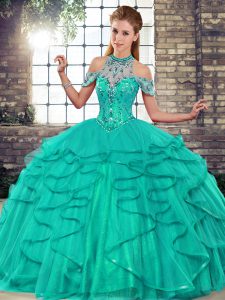  Floor Length Turquoise 15 Quinceanera Dress Tulle Sleeveless Beading and Ruffles