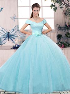  Off The Shoulder Short Sleeves Lace Up Ball Gown Prom Dress Aqua Blue Tulle