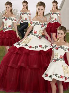 Wine Red Ball Gowns Embroidery and Ruffled Layers Sweet 16 Quinceanera Dress Lace Up Tulle Sleeveless