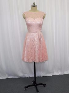  Pink and Baby Pink Lace Zipper Prom Party Dress Sleeveless Mini Length Beading and Lace